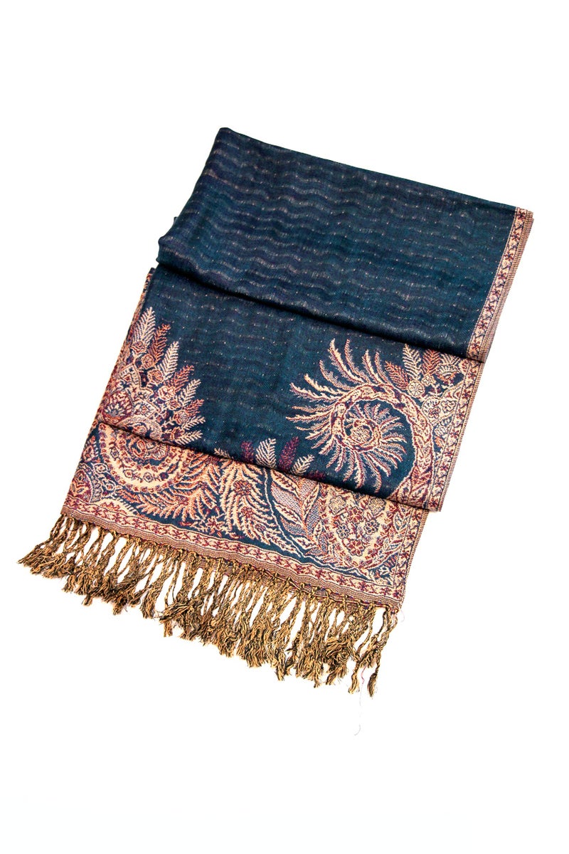 Sakkas Luxurious Double Layered Jacquard Big Paisley Pashmina Shawl Wrap Scarf - Teal - Image 2